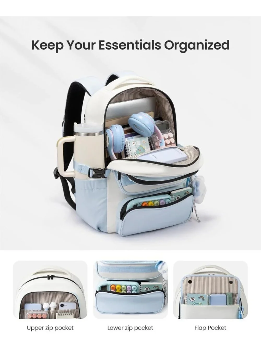 Cute Teen Girl School Backpack, Stylish 15.6 Inch Bookbag, Blue-Cream Color